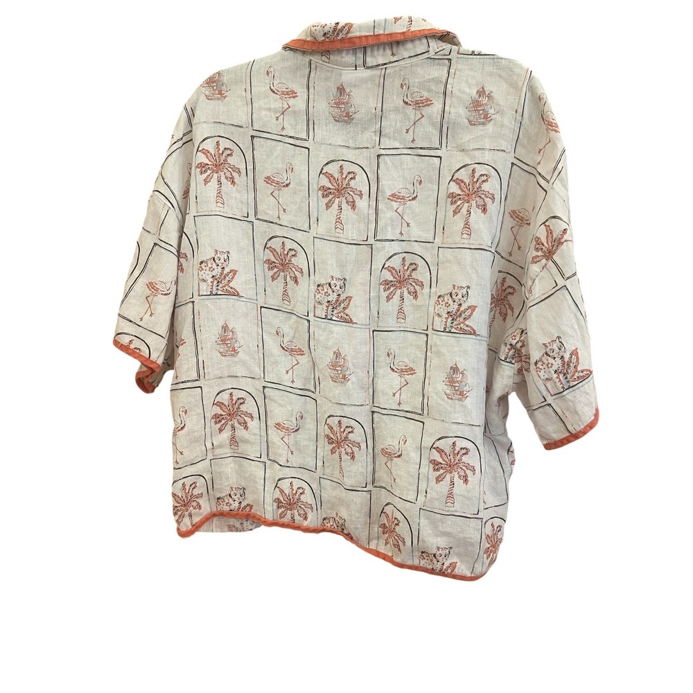 C&C California Women Lg 100% Linen Tropical Flamingo Leopard Print Shirt cream - Picture 3 of 8